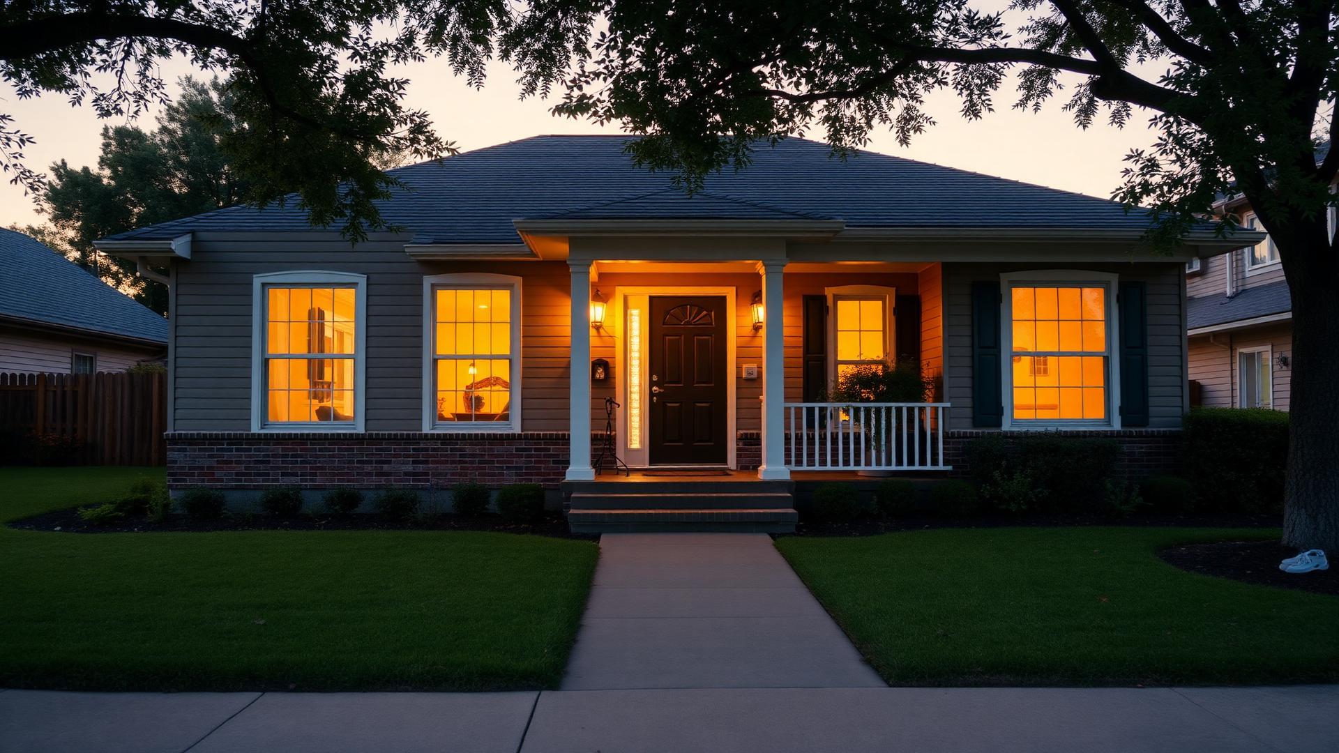 Charming middle-class suburban home at golden hour with clean, glowing windows